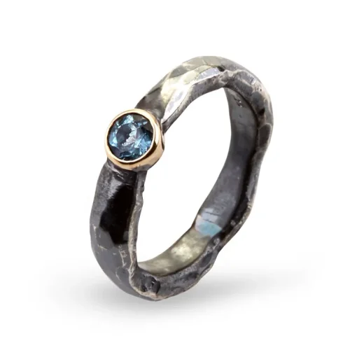 By Birdie Heritage Stone Sterling Sølv Ring med 14 Karat Guld Og Aquamarin