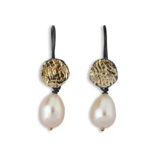 By Birdie Mani Coin Pearl Drop Rhodineret Sølv Øreringe med 14 Karat Guld Og Perle
