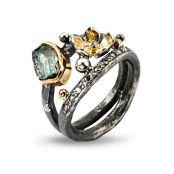 Dubeca Aqua Flower Sterling Sølv Ring fra By Birdie med 14/18 Karat Guld, Aquamarin og Diamant 0,15 Carat